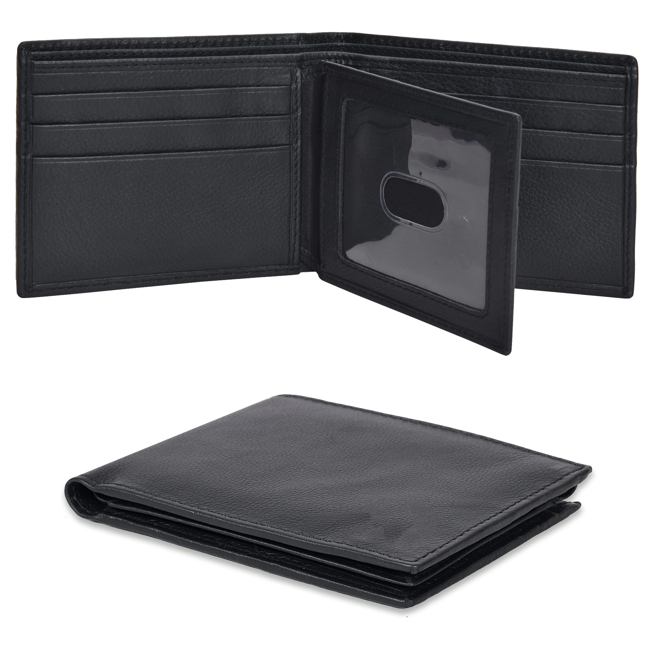 Real Leather Bifold Wallet for Men - Wallets with 9 Credit Cards 1 ID Window Slim Minimalist Front Pocket Billfold