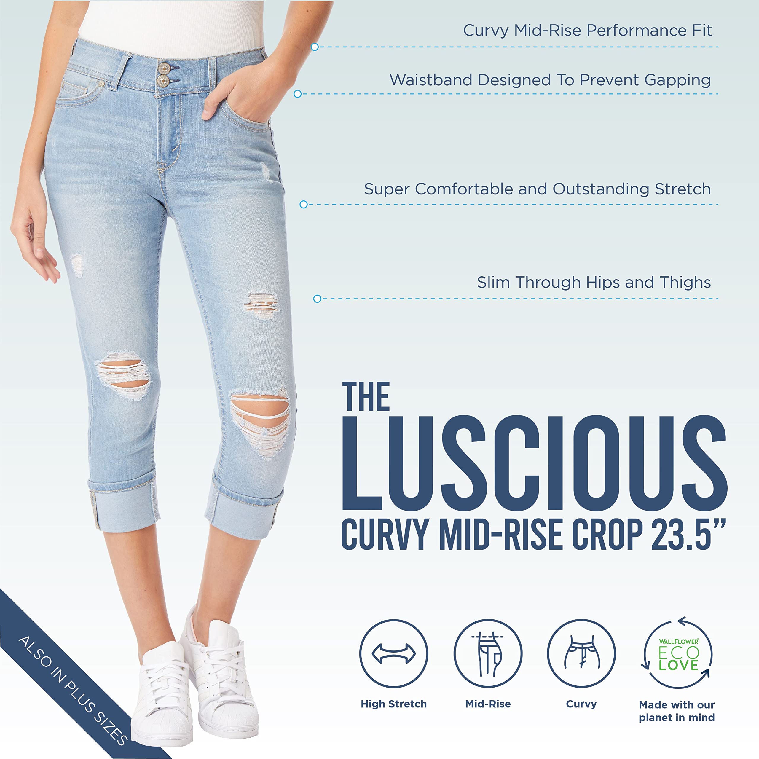 WallFlower Women's Luscious Curvy 23.5'' Crop Mid-Rise Insta Stretch Juniors (Standard and Plus)