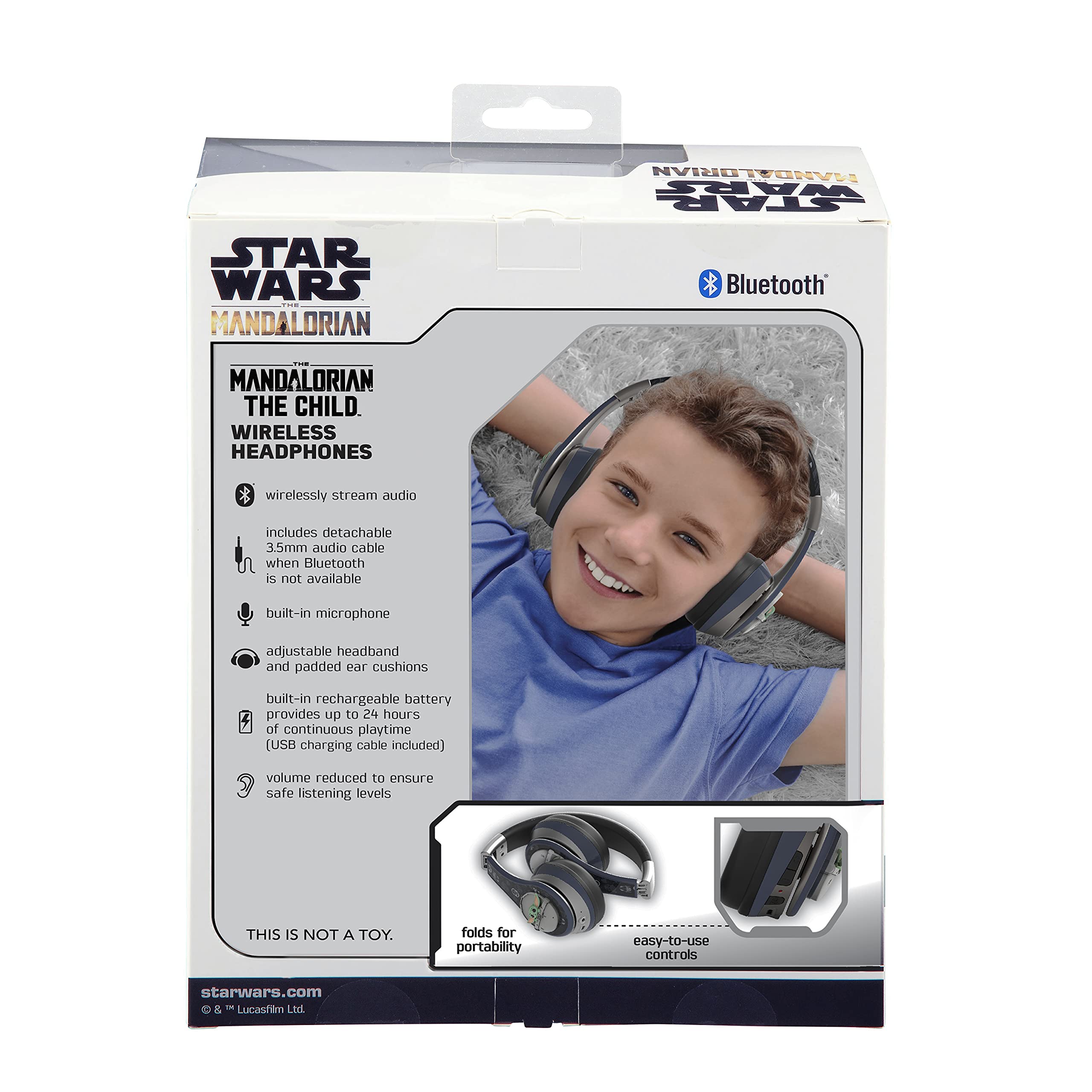 Star Wars The Child Kids Bluetooth Headphones, Wireless Headphones with Microphone Includes Aux Cord, Volume Reduced Kids Foldable Headphones for School, Home, or Travel