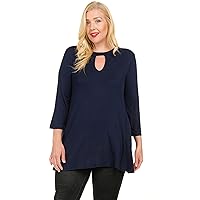 Plus Size Solid Jersey Tunic Blouse Top Featuring Three-Quarter Sleeves and Open Neckline