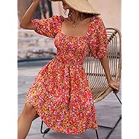 Women's Dress Allover Floral Print Square Neck Puff Sleeve Dress Dresses for Women (Color : Red, Size : X-Small)
