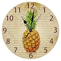 10 Inch Wall Clock Round Floral Pineapple Tropical Fruit Hanging Wooden Clocks Silent Non Ticking Battery Operated Clocks for Summer Home Living Room Kitchen Bedroom Wall Decor