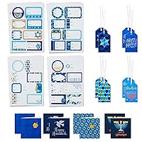 Hallmark Tree of Life Hanukkah Gift Tags with Ribbon, Sticker Seals, and Mini Notecards (Star of David, Menorah, Dreidel, Blue, Gold, Orange) for Gift Bags and Wrapped Presents