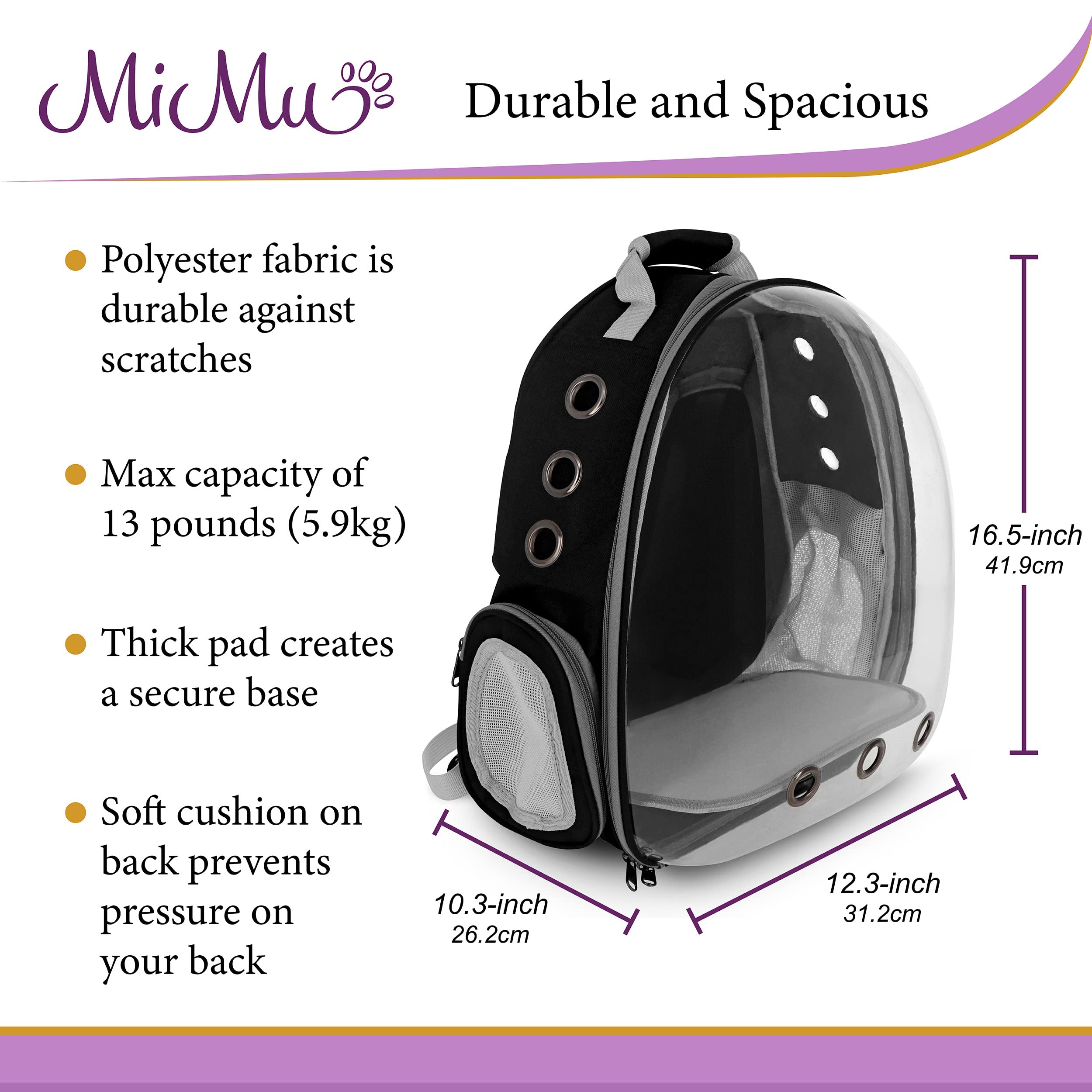 MiMu Bubble Backpack Cat Carrier Bag - Large 13lb Cap Clear Pet Travel Carrier Cat Hiking Backpack for Small Animals