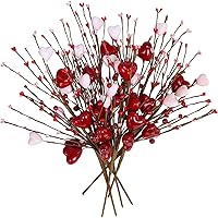 Winlyn 6 Pcs Valentine's Day Heart and Berry Sprays Artificial Heart Shaped Berry Floral Picks Red Pink Artificial Berry Flower Stems 16.5
