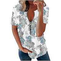 Womens Half Zipper Tops 2023 Summer Casual Dressy Short Sleeve V Neck T Shirts Cute Print Tees Trendy Tunic Fashion Blouses