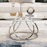 Round Coffee Table, Modern Silver Coffee Table Living Room Table with Ring-Shaped Frames, Glass Coffee Table for Home&Office, Chrome Finish, 1 PC