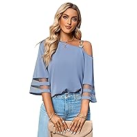 Flygo One Off Shoulder Tops for Women Mesh Sleeves Chiffon Blouse Flowy Shirts Sexy Summer Tops Bluegrey M