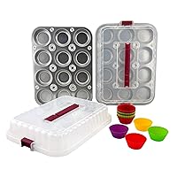 G&S Design Set of Two 12-Cup Muffin Pans with Locking Carrier Lids and 24 Silicone Liners