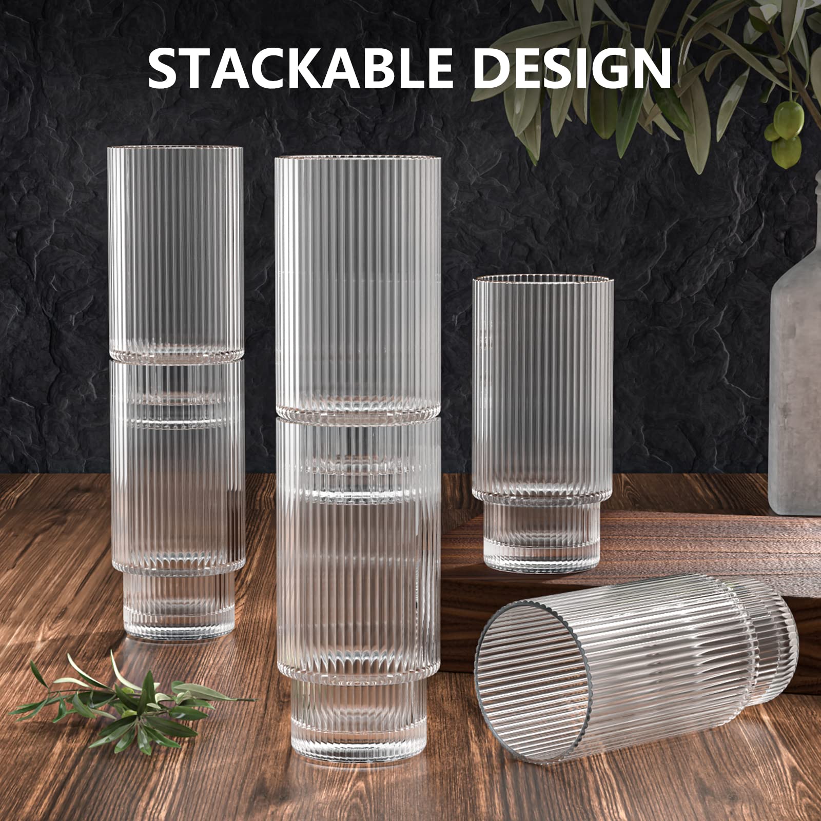 6Set Glass Cups, 16OZ Ribbed Drinking Glasses with Bamboo Lids and Glass Straws, Vintage Glassware for Whiskey Cocktail Beer, Iced Coffee Cups for Cute Gifts Beer, Iced Coffee Cups for Cute Gifts