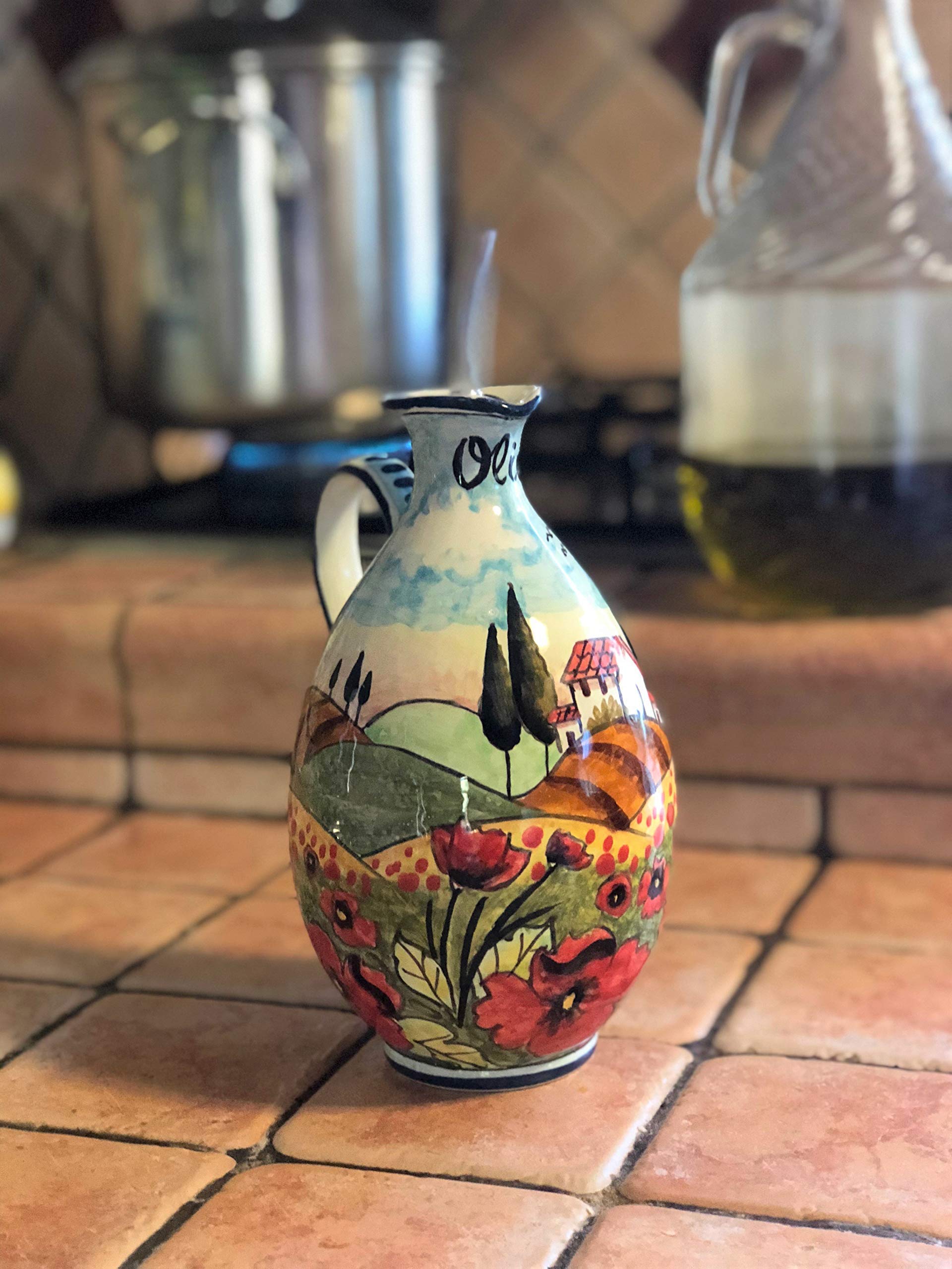 CERAMICHE D'ARTE PARRINI - Italian Ceramic Art Pottery Oil Dispenser Cruet Pattern Landscaper Poppies Tuscan Hand Painted Made in ITALY