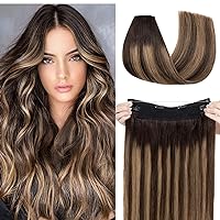 Invisible Wire Hair Extensions Real Human Hair Dark Brown to Light linen Mix Brown 18 Inch Balayage Fish Line Wire Hair Extensions with Clips Straight Invisible Hairpiece for Women,2T2P6,95g