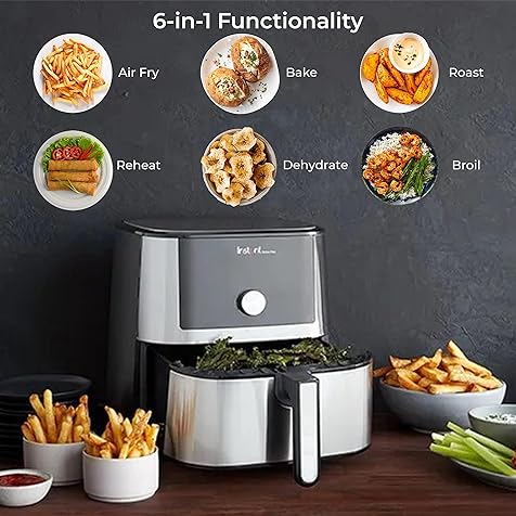 Instant Vortex Plus 6QT XL Air Fryer, 6-in-1, Broils, Dehydrates, Crisps, Roasts, Reheats, Bakes for Quick Easy Meals, 100+ In-App Recipes, Dishwasher-Safe, from the Makers of Instant Pot, Black
