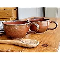 Farmhouse Style Soup Bowls with Handles Set of 2 Deep Large - Hanging Kitchen Chowder Mugs - Handmade Pottery Decor (Rust)