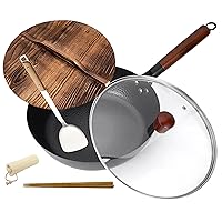 12-5Inch Carbon Steel Wok Pan with Lids (1Glass+1Wood) & Spatula,8-pieces Woks & Stir-Fry Pans No Chemical Coated Flat Bottom Cookware Chinese Pan, Induction,Electric,Gas,Halogen, All Stoves