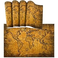 Distressed Vintage World Map with Texture Heat-Resistant Table Placemats Set of 6 Anti-Skid Table Mats Washable Eat Mat for Parties Everyday & Holidays Use