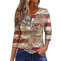American Flag Shirt Women Patriotic 3/4 Sleeve Shirts for Women Button V Neck Going Out Summer Tops for Women 2024