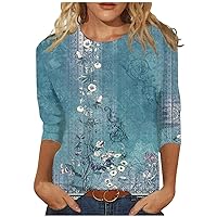 Ladies Tops and Blouses Womens 3/4 Sleeve Tops Crew Neck Casual Loose Blouses Women Summer Floral Print Tunic Tops