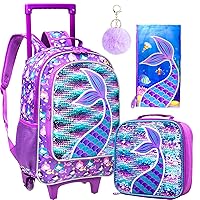 gxtvo Rolling Backpack for Girls, Roller Wheels Kids Bookbag - Wheeled Suitcase Elementary Sequin School Bag - 3PCS Mermaid