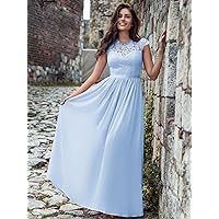 Dresses for Women Floral Lace Bodice Chiffon Ribbon Waist Maxi Formal Dress (Color : Baby Blue, Size : Large)