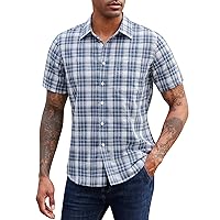 Men's Short Sleeve Linen Shirt Casual Plaid Button Down Shirts Seersucker Shirts