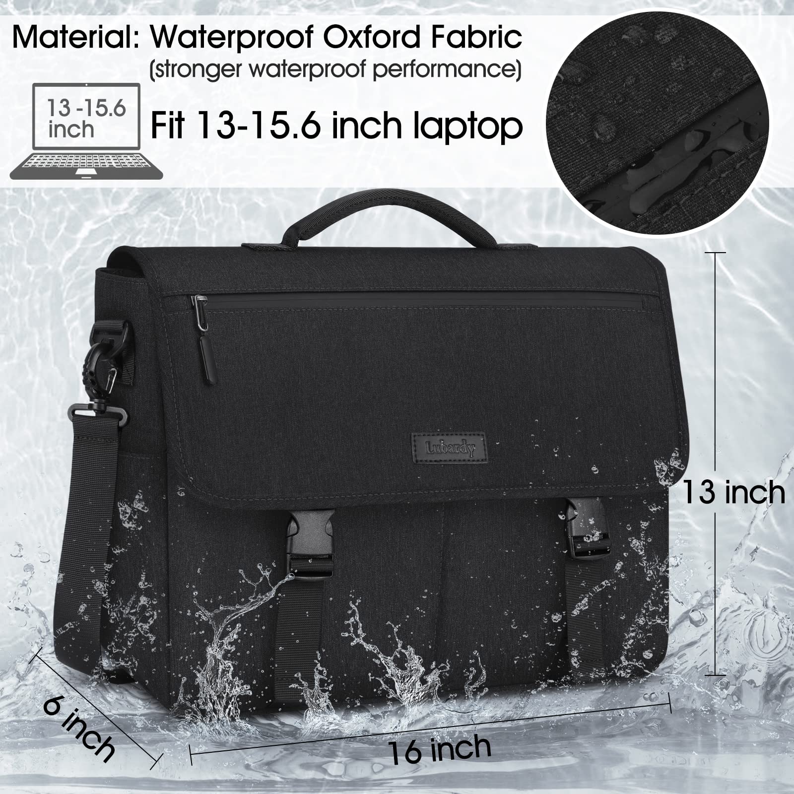 Lubardy Laptop Messenger Bag for Men 15.6 Inch Laptop Bag Waterproof Laptop Briefcase Large Lightweight Computer Bag Satchel Shoulder Bags for Work Business Travel College, Black