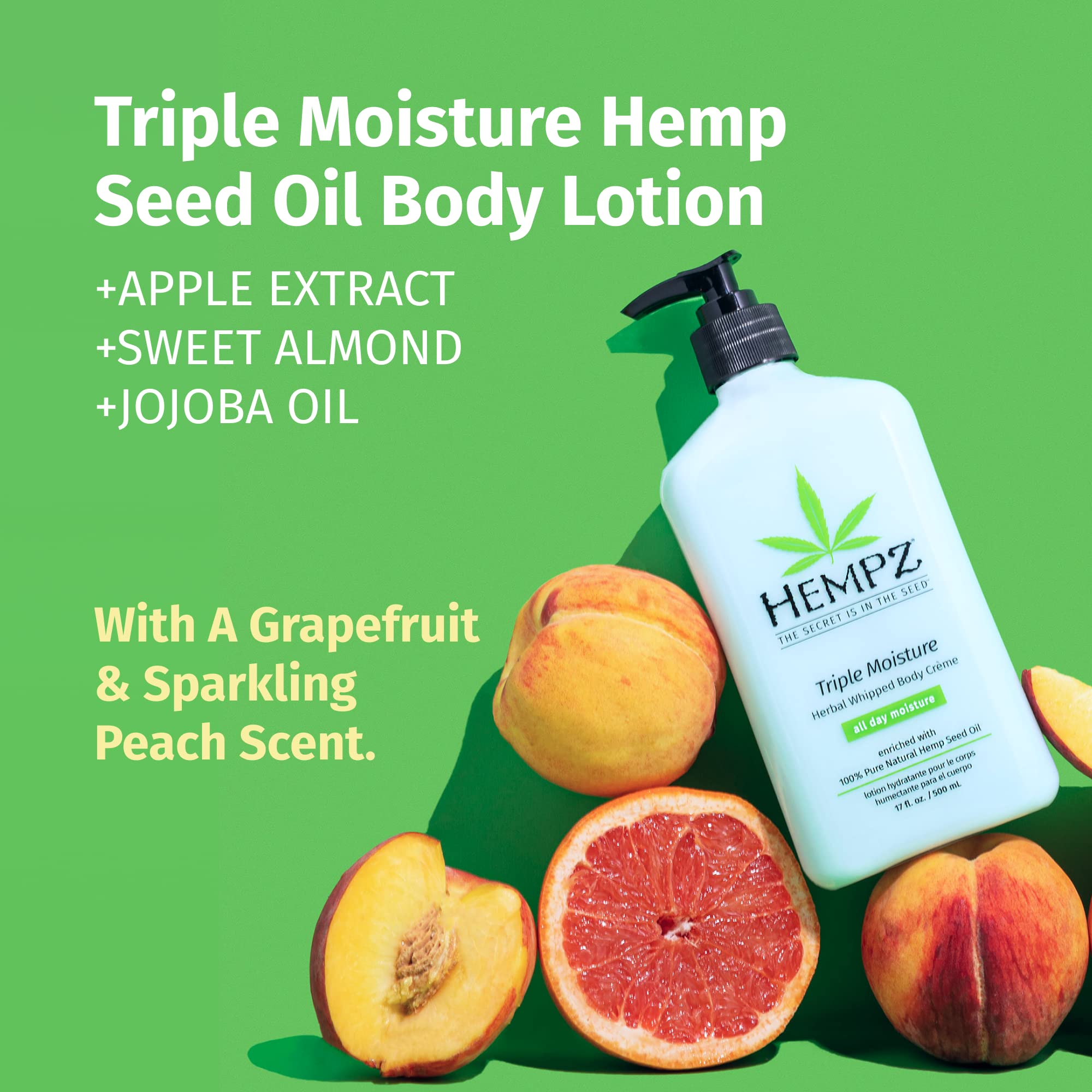 HEMPZ Body Lotion Triple Moisture - Grapefruit & Sparkling Peach Daily Moisturizing Cream, Shea Butter Body Moisturizer Skin Care Products - Large
