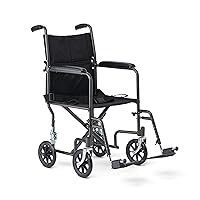 Medline Durable Folding Steel Transport Wheelchair with Swing-Away Footrests, 19-Inch Seat Width, Black Frame, Black Upholstery