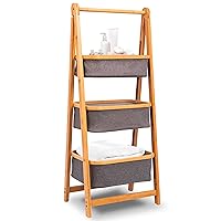 SerenelifeHome 3 Tier Fold Out Hamper Shelf Storage - Space Saving Collapsible Foldable Natural Bamboo Wooden Organizer Removable Baskets for Bedroom Bathroom Laundry Clothes Towels