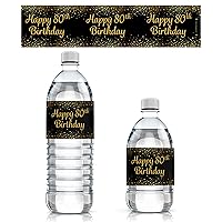 Black and Gold 80th Birthday Party Water Bottle Labels - 24 Stickers