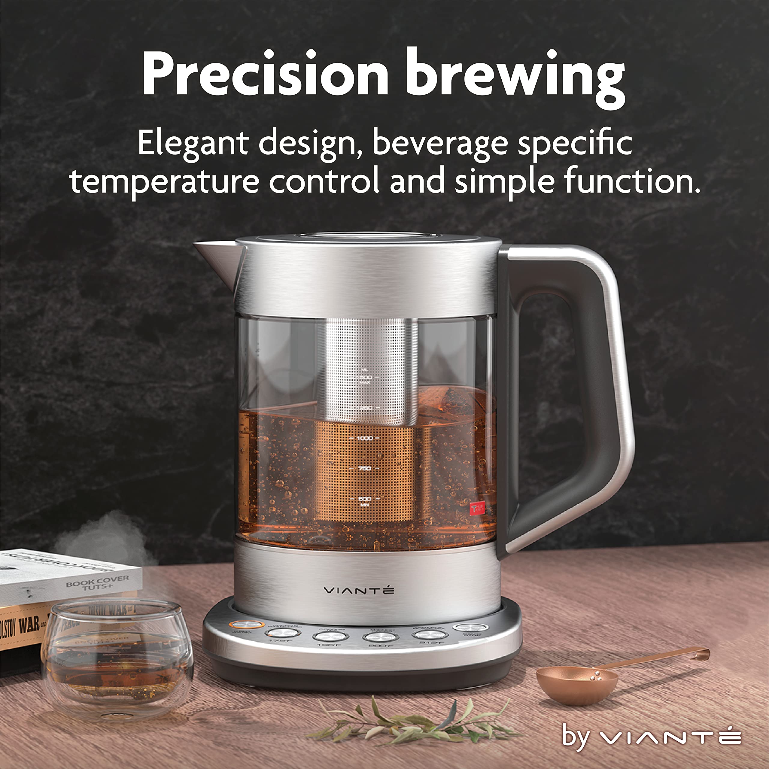 Hot Tea Maker Electric Glass Kettle with tea infuser and temperature control. Automatic Shut off. Brewing Programs for your favorite teas and Coffee.