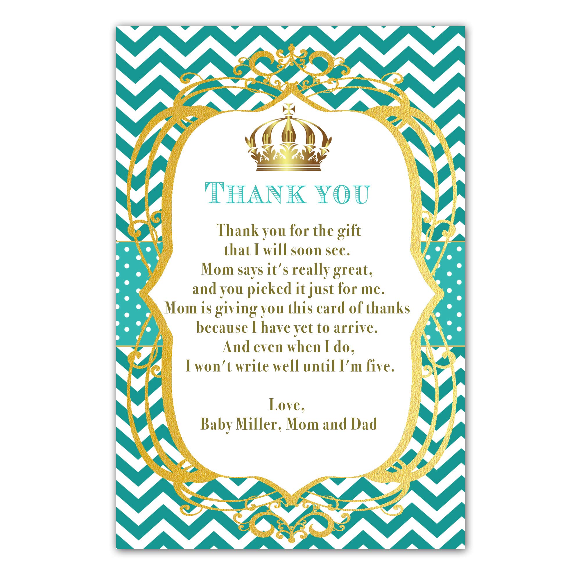 30 Thank You Cards Prince Princess Baby Shower Teal Photo Paper