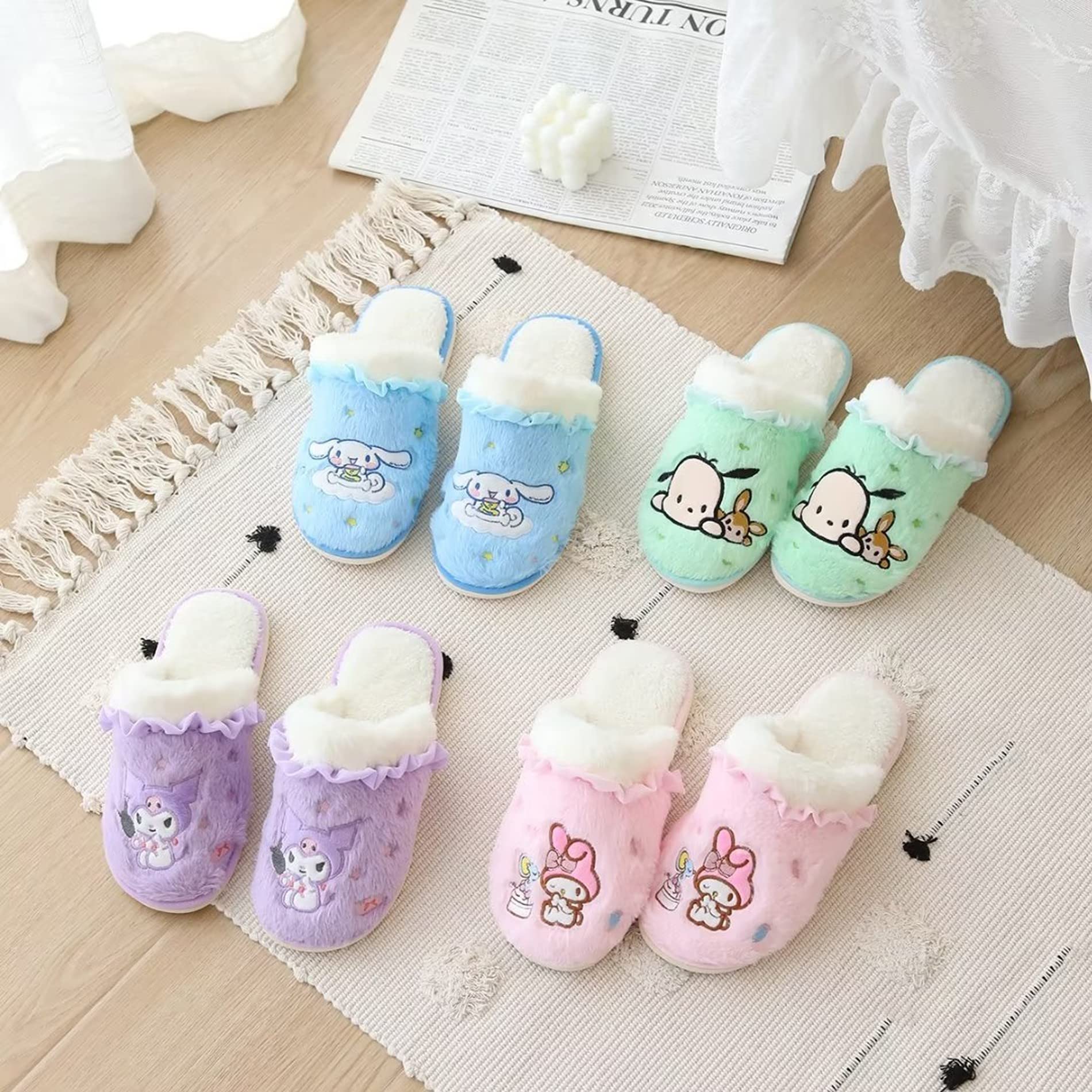 Roffatide Anime Cute Plush Open Back Floor Slippers Indoor Shoes Fuzzy Slippers with Rubber Sole for Women