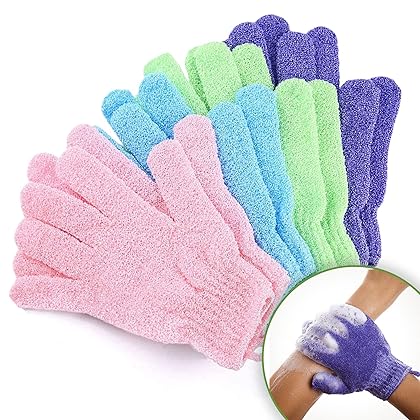 Exfoliating Gloves for Men and Women | Spa-Quality Exfoliation Mitts to Remove Dead Skin & Bumps | Textured Body Scrub Bath and Shower Gloves - Colorful 4 Pair Pack - Pink, Green, Blue, & Purple