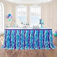 leegleri Mermaid Curly Willow Tulle Ruffle Table Skirt for Baby Shower,Baby Shark Birthday Party,Tutu Rectangle Table Skirt 6 ft