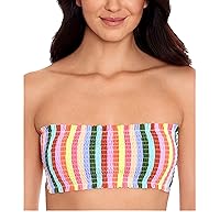 Women's Pink Striped Removable Strap Smocked Cabana Bandeau Swimsuit Top XS