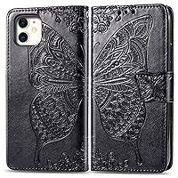 Fashion Charming Butterfly Pattern PU+TPU Phone case with Wallet Card Holder for iPhone 14 13 12 11 8 7 6 S X XS XR Plus Pro Max Mini SE Cover Skin-Friendly Shockproof Bumper(Black,7/8)