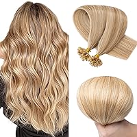 U Tip Hair Extensions Human Hair Hot Fusion Pre Bonded U Tips Hair Extensions Highlight Keratin Utips Real Hair Extensions Straight #12P613 Golden Brown&Bleach Blonde 14 Inch 100 Strands/Pack 50g