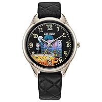 Citizen Women's Eco-Drive Pixar Ratatouille Rose Gold Stainless Steel Watch with Black Quilted Leather Strap (Model: FE7103-04W)