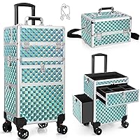 Professional Rolling Makeup Train Case, Multi-functional Cosmetic Trolley with 360° Swivel Wheels Keys, Large Storage Traveling Cart Trunk, Cosmetic Train Cases for Nail Technicians (Green)