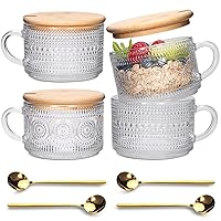 Vintage Coffee Mugs 4pcs Set, Clear Embossed Tea Cups with Bamboo Lids and Spoons, 14 Oz Glass Coffee Cups, Cute Coffee Bar Accessories, Iced Coffee Glasses, Ideal for Cappuccino, Latte, Tea