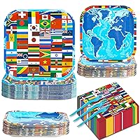 gisgfim 200Pcs Around the World Party Decorations International World Flags Party Supplies Paper Plates and Napkins Travel Trip Around the Globe Party Favors for Birthday Baby Shower Serves 50