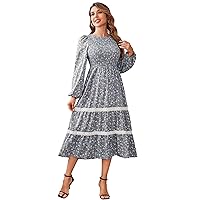 VintageClothing Women's Fall Midi Dress Long Sleeve Casual Crew Neck High Waist Smocked Long Dress with Pockets