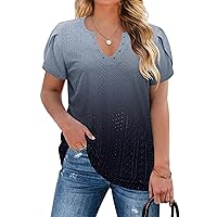 IN'VOLAND Womens Plus Size Summer Tops Casual Country V Neck Hollow Tee Shirts Petal Sleeve Fashion Loose Blouse 2024
