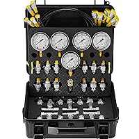 Hydraulic Pressure Test Kit, 10/100/250/400/600bar, 5 Gauges 13 Couplings 14 Tee Connectors 5 Test Hoses, Excavator Hydraulic Test Gauge Set with Carrying Case for Excavator Tractors Machinery