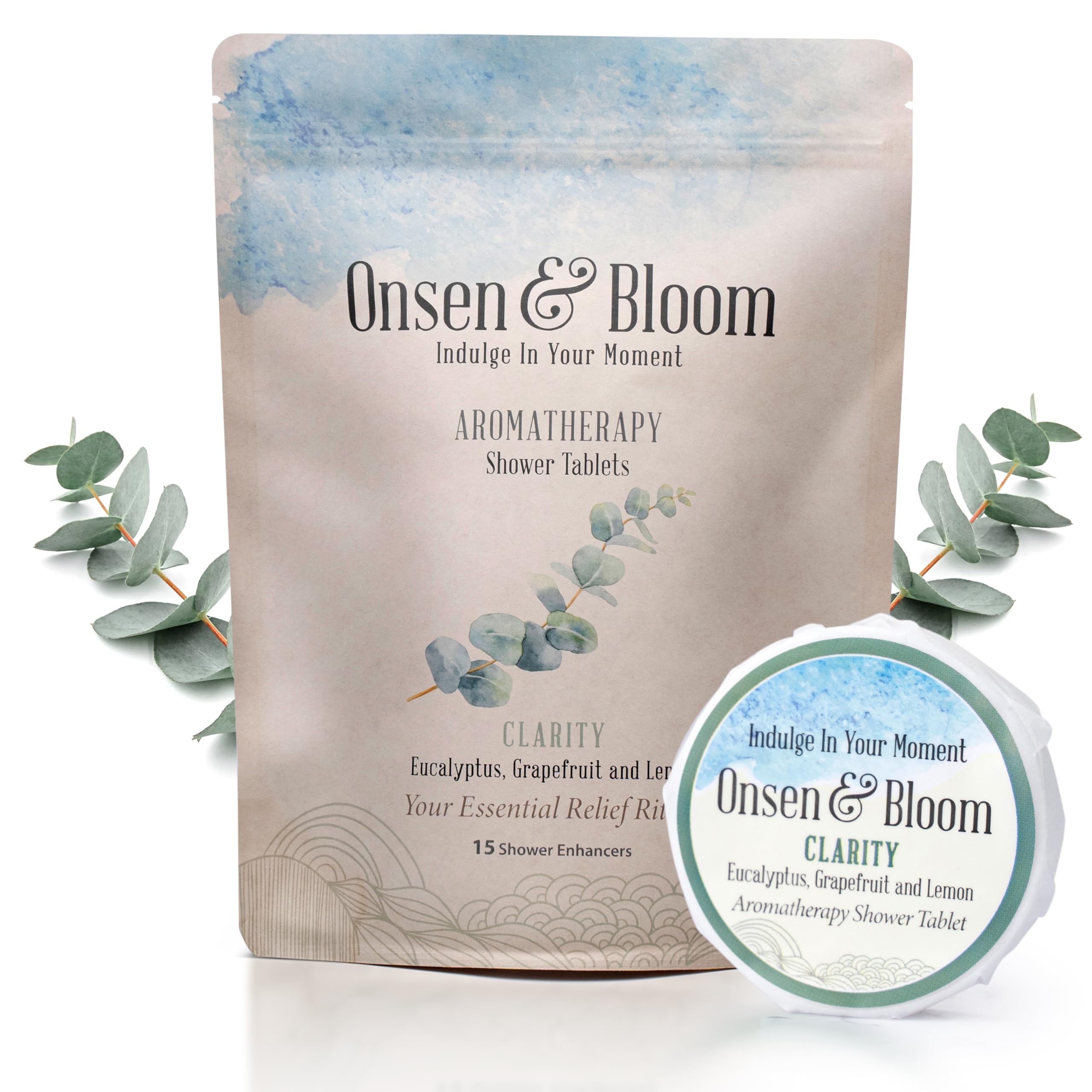 Onsen & Bloom Self Care Bundle- 15 Clarity Aromatherapy Shower Steamers with Essential Oils- 2 Pack Facial Konjac Sponge Gentle Exfoliation Duo- Shower Steamer Tray Bamboo Soap Dish with Drainage