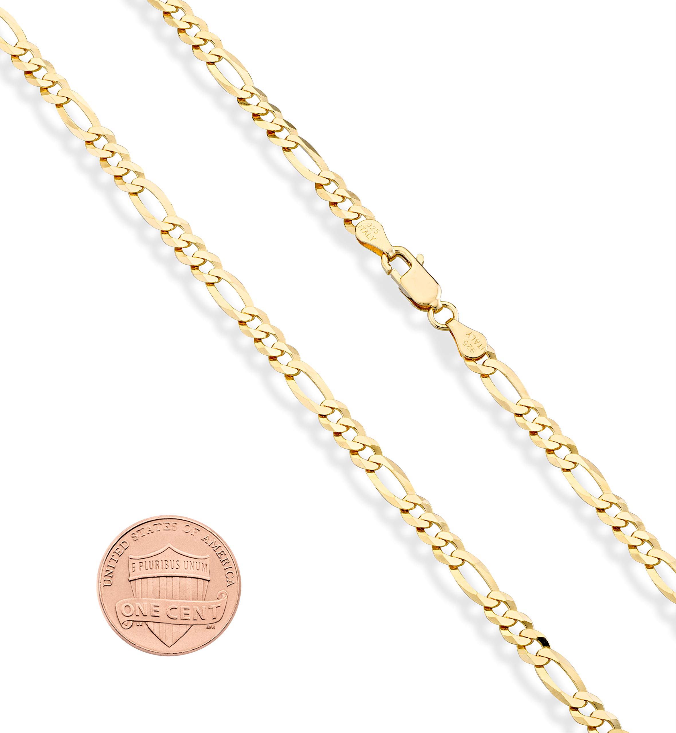 Miabella Solid 18K Gold Over Sterling Silver Italian 5mm Diamond-Cut Figaro Chain Bracelet for Women Men, 925 Made in Italy