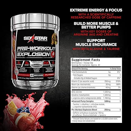 Six Star Pre Workout PreWorkout Explosion | Pre Workout Powder for Men & Women | PreWorkout Energy Powder Drink Mix | Sports Nutrition Pre-Workout Products | Fruit Punch (30 Servings)