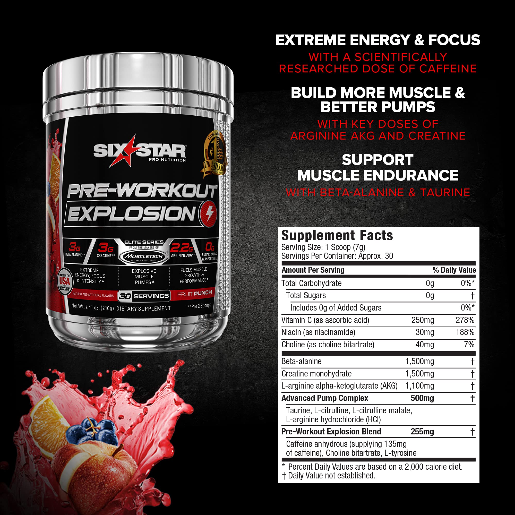 Six Star Pre Workout PreWorkout Explosion | Pre Workout Powder for Men & Women | PreWorkout Energy Powder Drink Mix | Sports Nutrition Pre-Workout Products | Fruit Punch (30 Servings)