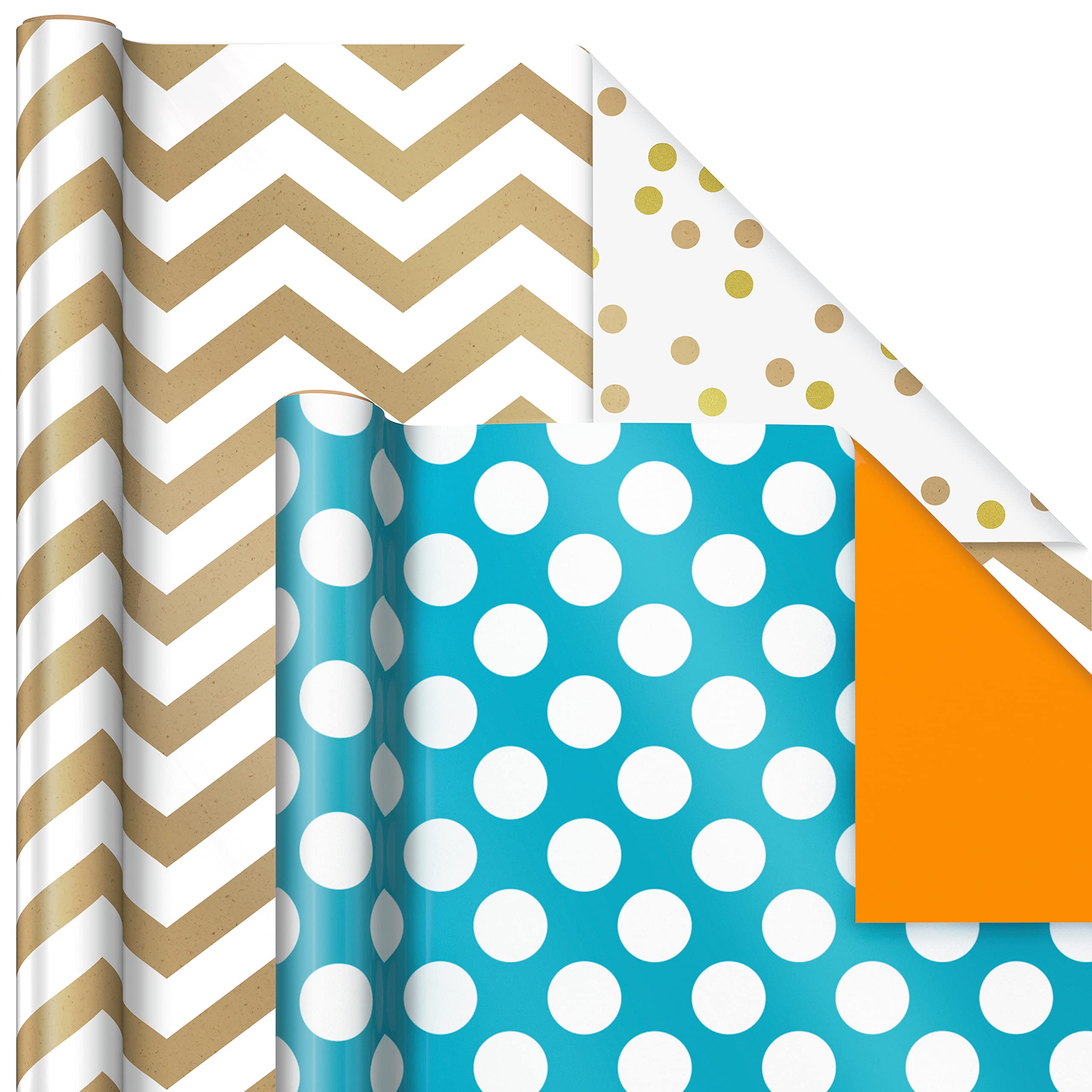 Hallmark Reversible Wrapping Paper Bundle (6 Rolls: 150 Square Feet Total) Stripes, Chevron, Solid, Black & White, Gold, Green, Orange, Blue for Birthdays, Holidays, Any Occasion